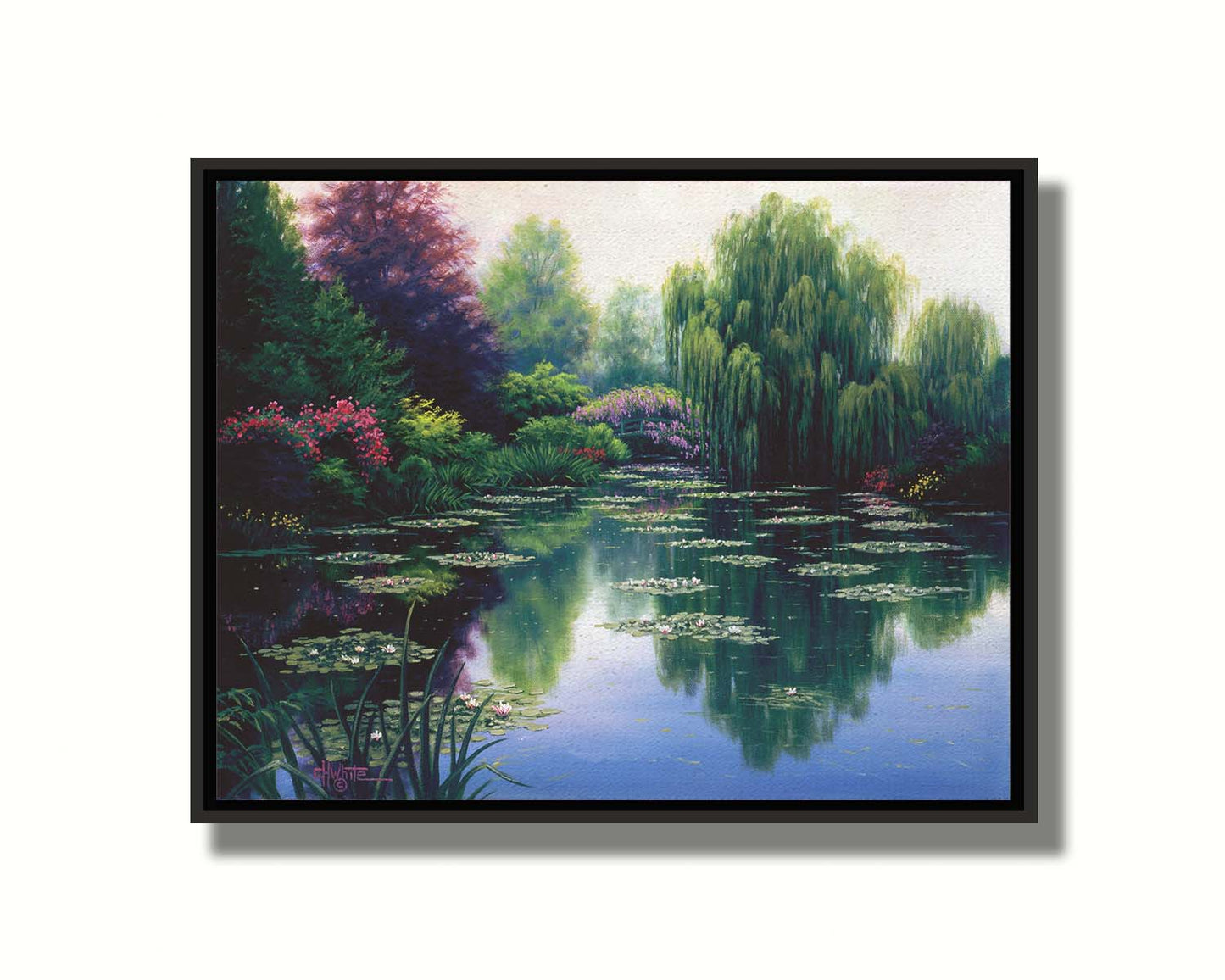 A painting of a pond filled with lily pads, surrounded by vibrant flowers and graceful willow trees.  Printed on canvas in a float frame.