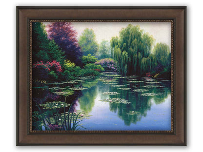 A painting of a pond filled with lily pads, surrounded by vibrant flowers and graceful willow trees. Printed on canvas and framed.