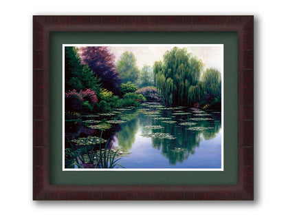 A painting of a pond filled with lily pads, surrounded by vibrant flowers and graceful willow trees. Printed on paper, matted, and framed.