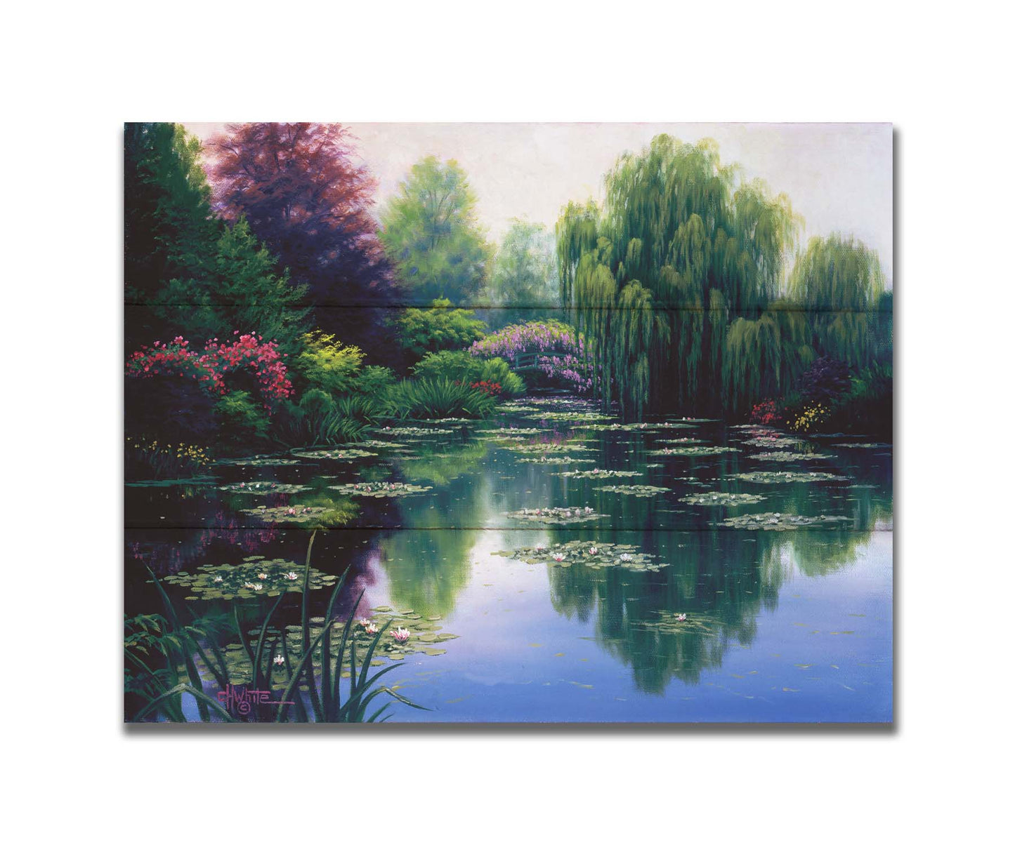 A painting of a pond filled with lily pads, surrounded by vibrant flowers and graceful willow trees. Printed on a box board.