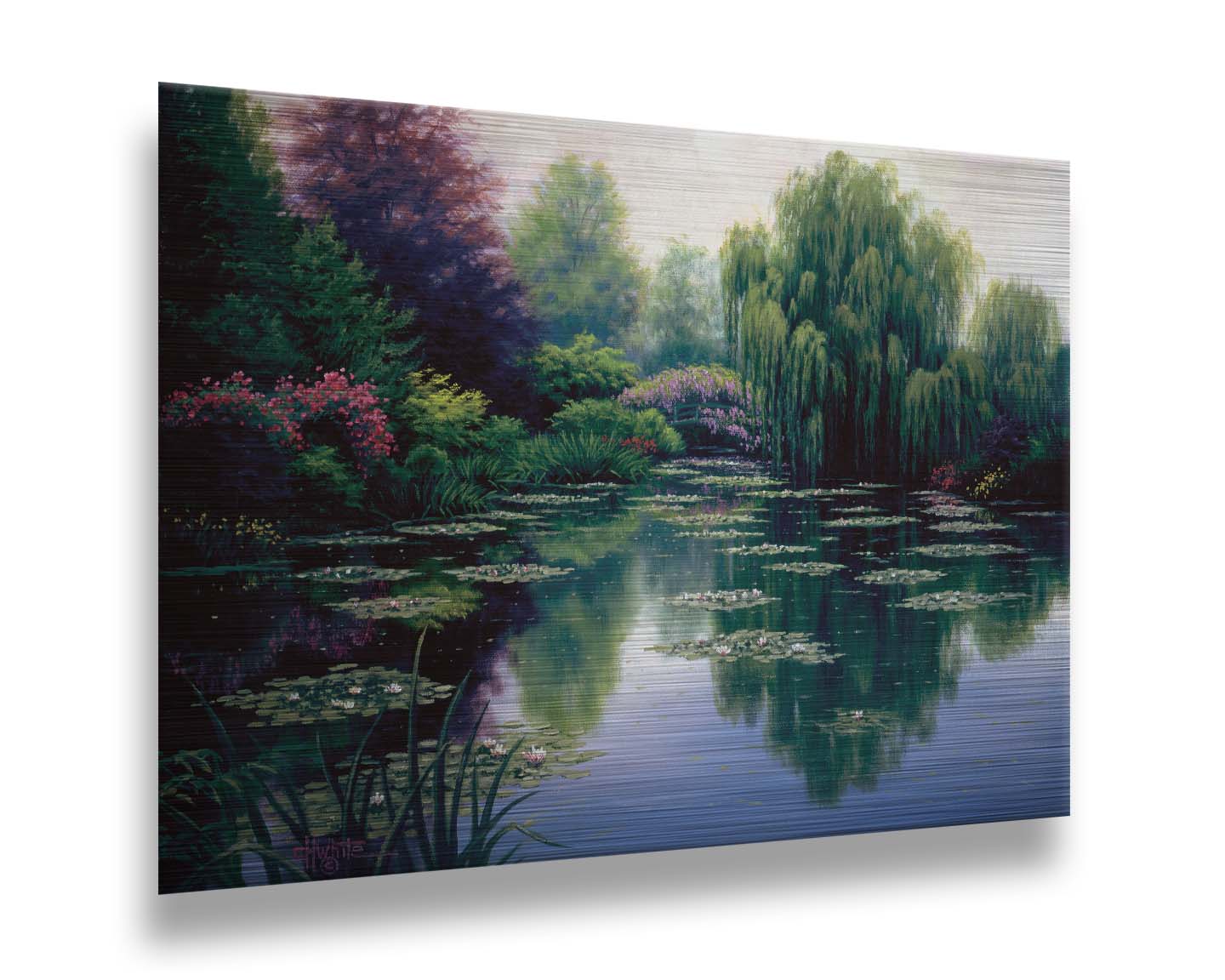 A painting of a pond filled with lily pads, surrounded by vibrant flowers and graceful willow trees. Printed on metal.