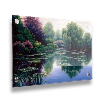 A painting of a pond filled with lily pads, surrounded by vibrant flowers and graceful willow trees. Printed on acrylic.