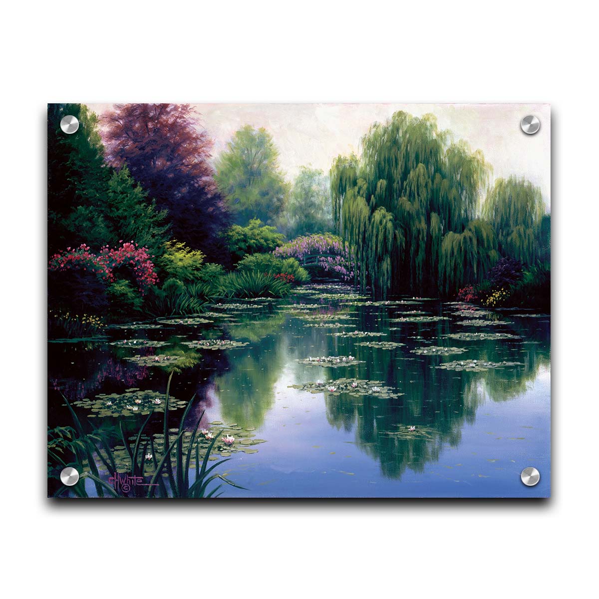 A painting of a pond filled with lily pads, surrounded by vibrant flowers and graceful willow trees. Printed on acrylic.