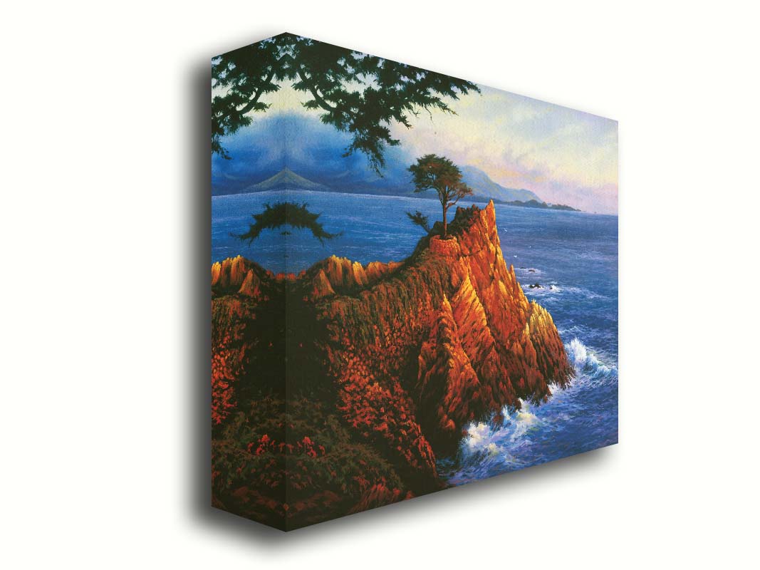 A painting of the historic lone cypress in Del Monte Forest, California at the coast of Carmel Bay on the peak of a coastal cliff. Printed on canvas.