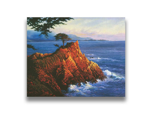 A painting of the historic lone cypress in Del Monte Forest, California at the coast of Carmel Bay on the peak of a coastal cliff. Printed on canvas.