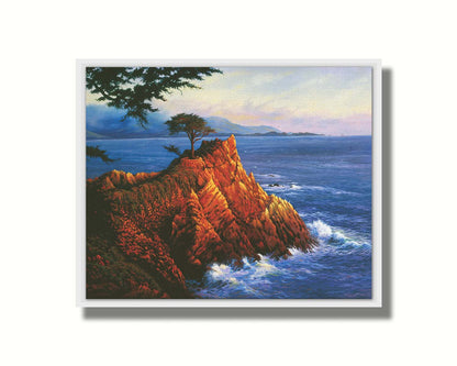 A painting of the historic lone cypress in Del Monte Forest, California at the coast of Carmel Bay on the peak of a coastal cliff. Printed on canvas in a float frame.