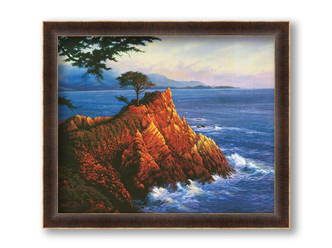 A painting of the historic lone cypress in Del Monte Forest, California at the coast of Carmel Bay on the peak of a coastal cliff. Printed on canvas and framed.