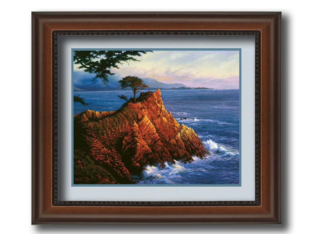 A painting of the historic lone cypress in Del Monte Forest, California at the coast of Carmel Bay on the peak of a coastal cliff. Printed on paper, matted, and framed.