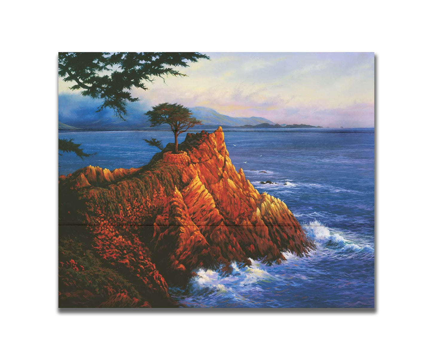 A painting of the historic lone cypress in Del Monte Forest, California at the coast of Carmel Bay on the peak of a coastal cliff. Printed on a box board.