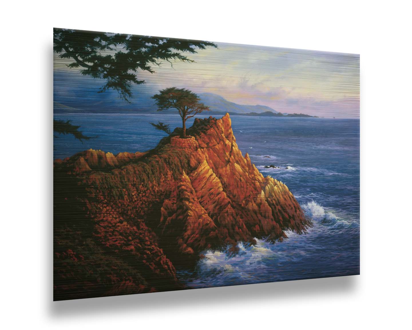 A painting of the historic lone cypress in Del Monte Forest, California at the coast of Carmel Bay on the peak of a coastal cliff. Printed on metal.