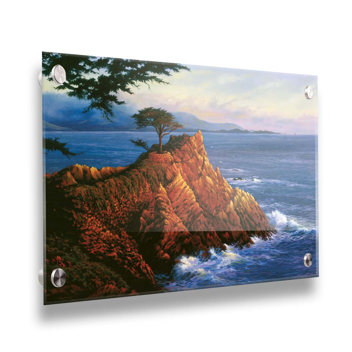 A painting of the historic lone cypress in Del Monte Forest, California at the coast of Carmel Bay on the peak of a coastal cliff. Printed on acrylic.