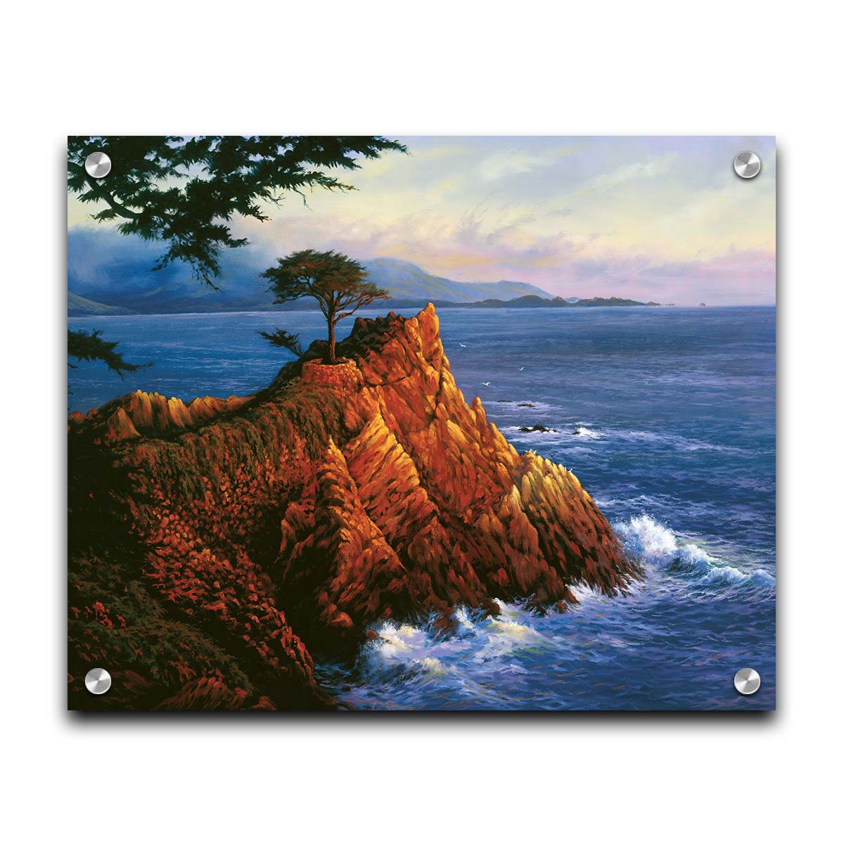 A painting of the historic lone cypress in Del Monte Forest, California at the coast of Carmel Bay on the peak of a coastal cliff. Printed on acrylic.