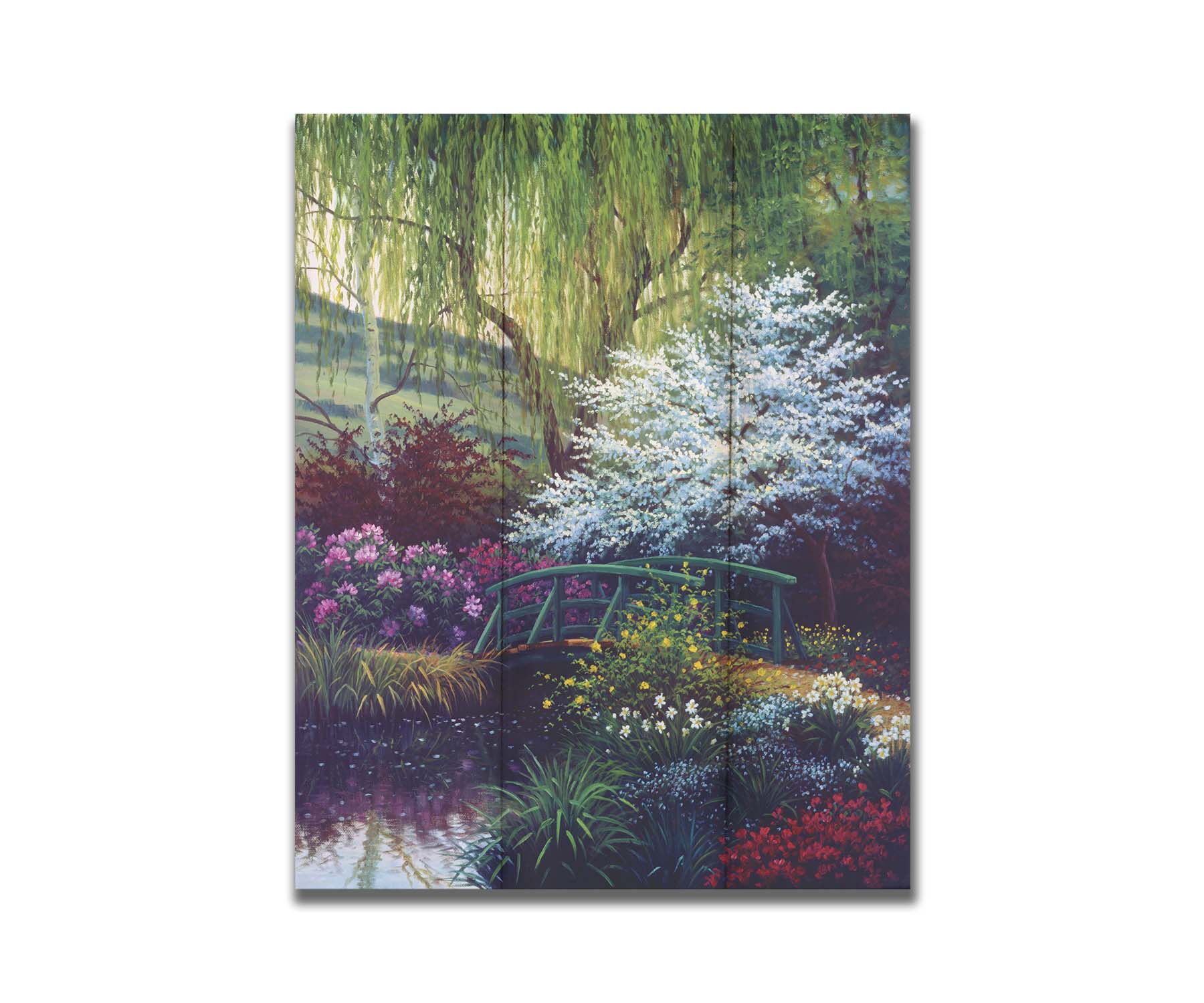 A painting of Claude Monet’s iconic water lily pond in Giverny, France, featuring a small bridge over the canal that brings water into the pond. It is surrounded by willow trees, trees with white and red blossoms, and a variety of flowers. Printed on a box board.