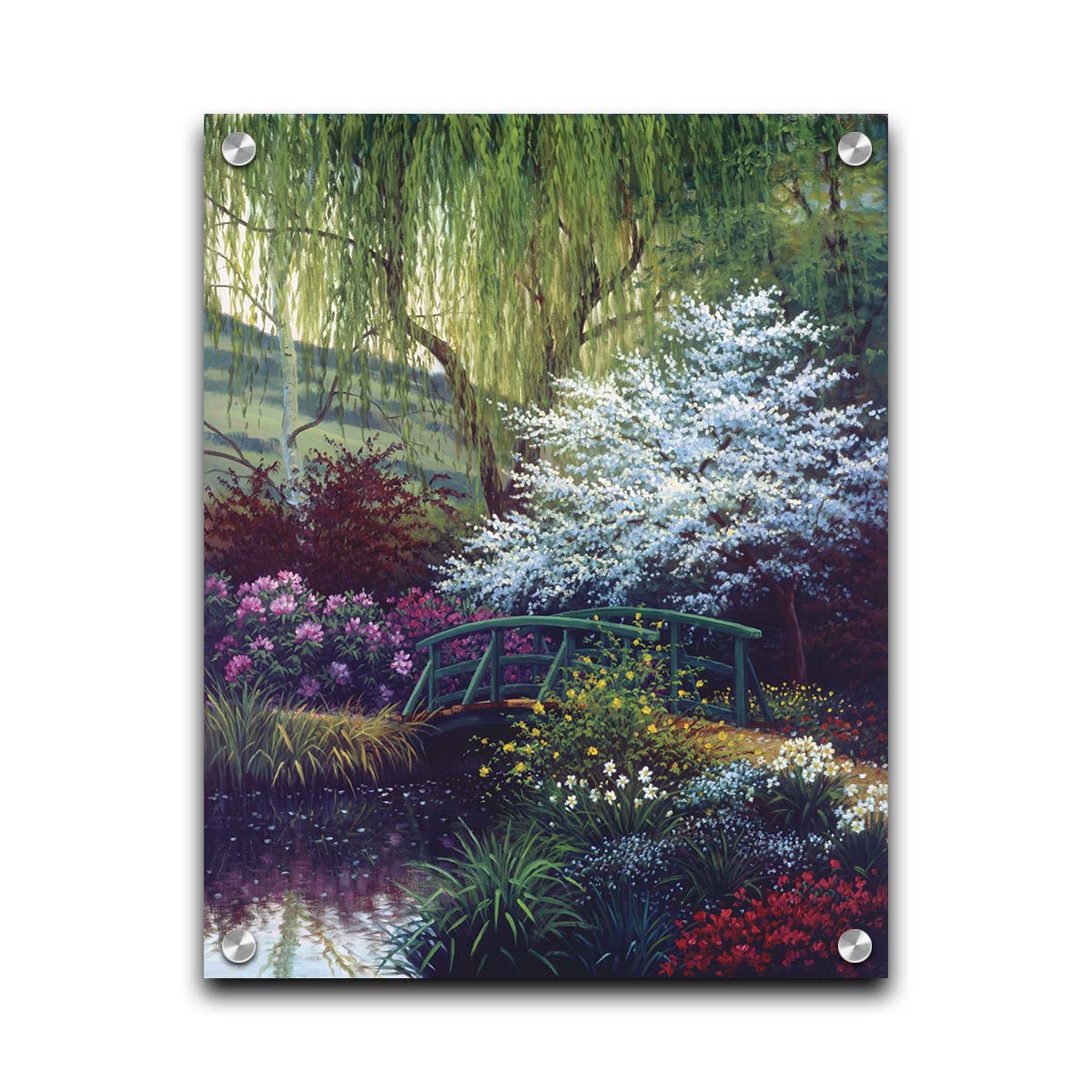 A painting of Claude Monet’s iconic water lily pond in Giverny, France, featuring a small bridge over the canal that brings water into the pond. It is surrounded by willow trees, trees with white and red blossoms, and a variety of flowers. Printed on acrylic.