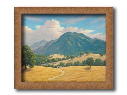 A painting of Mt. Diablo in the San Francisco Bay Area in California, as seen from Marsh Creek. Rolling hills of golden grasses lead up to the green forested mountains. Printed on canvas and framed.