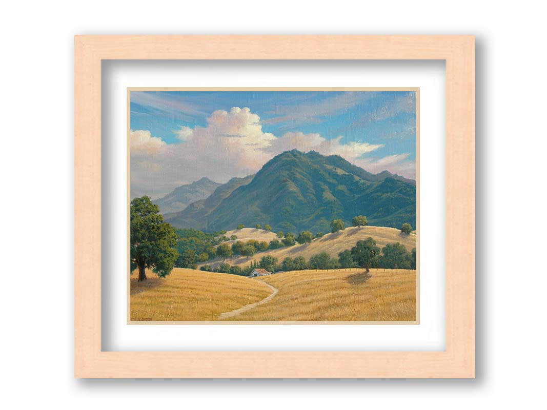 A painting of Mt. Diablo in the San Francisco Bay Area in California, as seen from Marsh Creek. Rolling hills of golden grasses lead up to the green forested mountains. Printed on paper, matted, and framed.