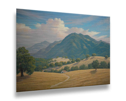 A painting of Mt. Diablo in the San Francisco Bay Area in California, as seen from Marsh Creek. Rolling hills of golden grasses lead up to the green forested mountains. Printed on metal.