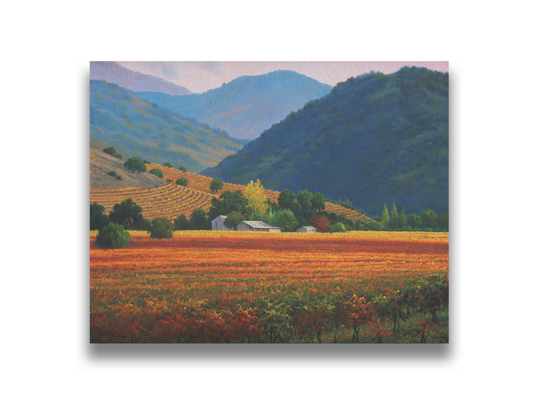 A landscape painting of the Napa Valley wine region in California. Colorful orange, red, and green vineyards are nestled among forested mountains. Printed on canvas.