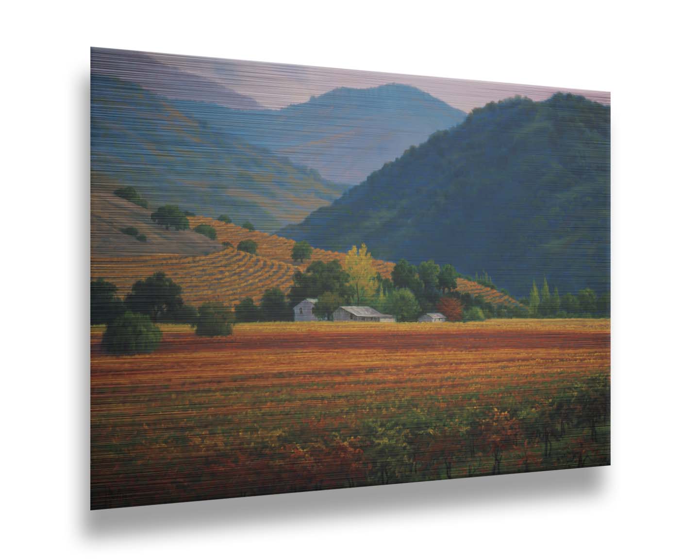 A landscape painting of the Napa Valley wine region in California. Colorful orange, red, and green vineyards are nestled among forested mountains. Printed on metal.