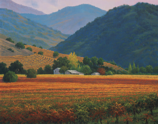 A landscape painting of the Napa Valley wine region in California. Colorful orange, red, and green vineyards are nestled among forested mountains. 