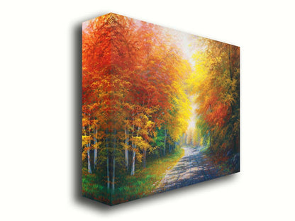 A painting of a fall landscape with vibrant red, orange, and yellow trees lining a gravel road. Printed on canvas.