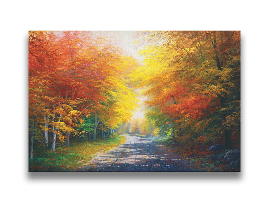 A painting of a fall landscape with vibrant red, orange, and yellow trees lining a gravel road. Printed on canvas.