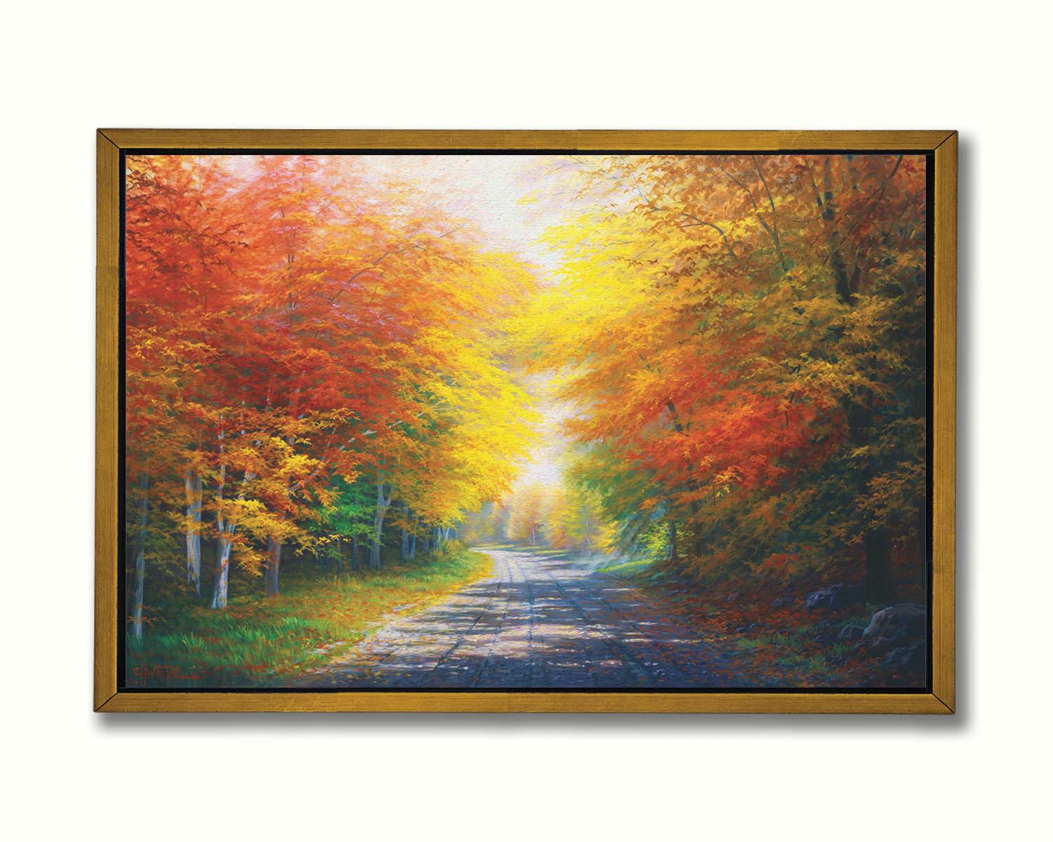 A painting of a fall landscape with vibrant red, orange, and yellow trees lining a gravel road. Printed on canvas in a float frame.