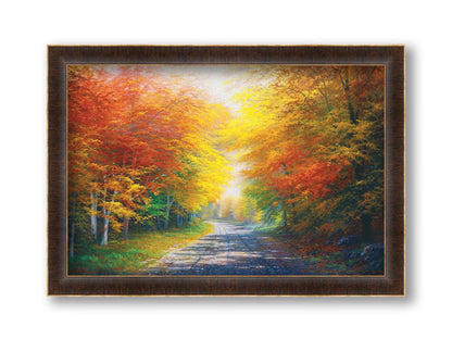 A painting of a fall landscape with vibrant red, orange, and yellow trees lining a gravel road. Printed on canvas and framed.