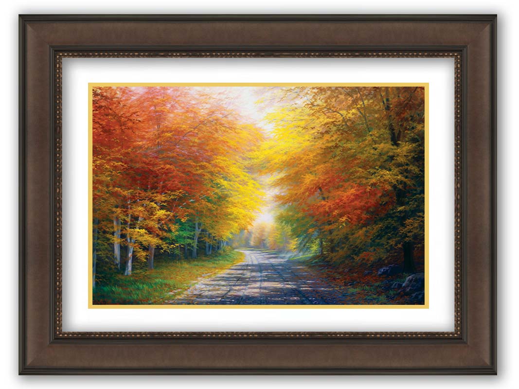 A painting of a fall landscape with vibrant red, orange, and yellow trees lining a gravel road. Printed on paper, matted, and framed.