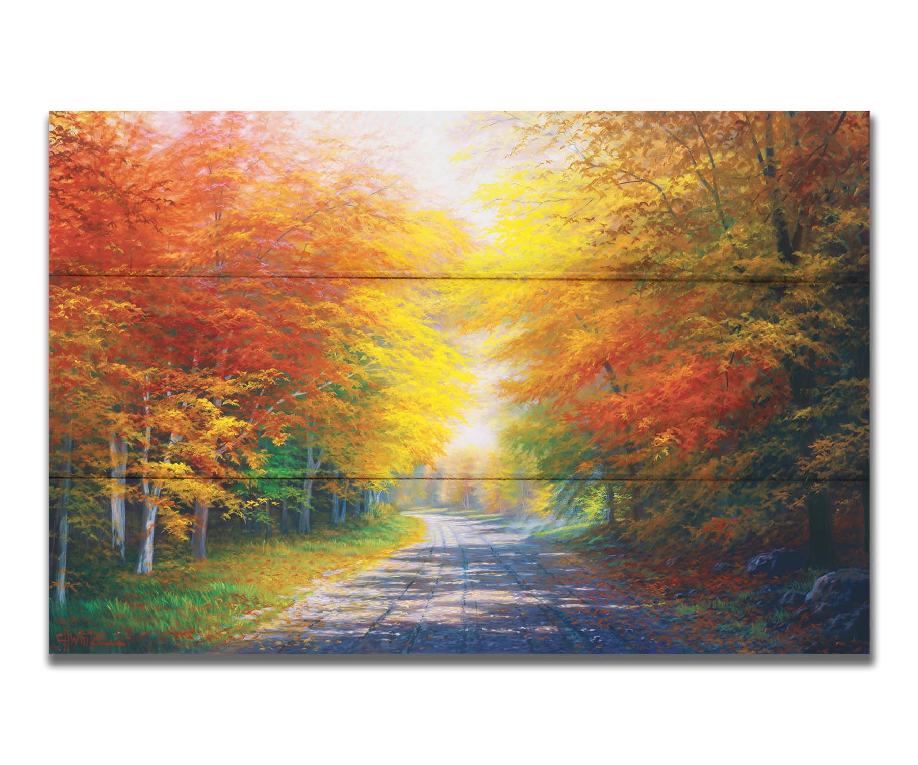 A painting of a fall landscape with vibrant red, orange, and yellow trees lining a gravel road. Printed on a box board.