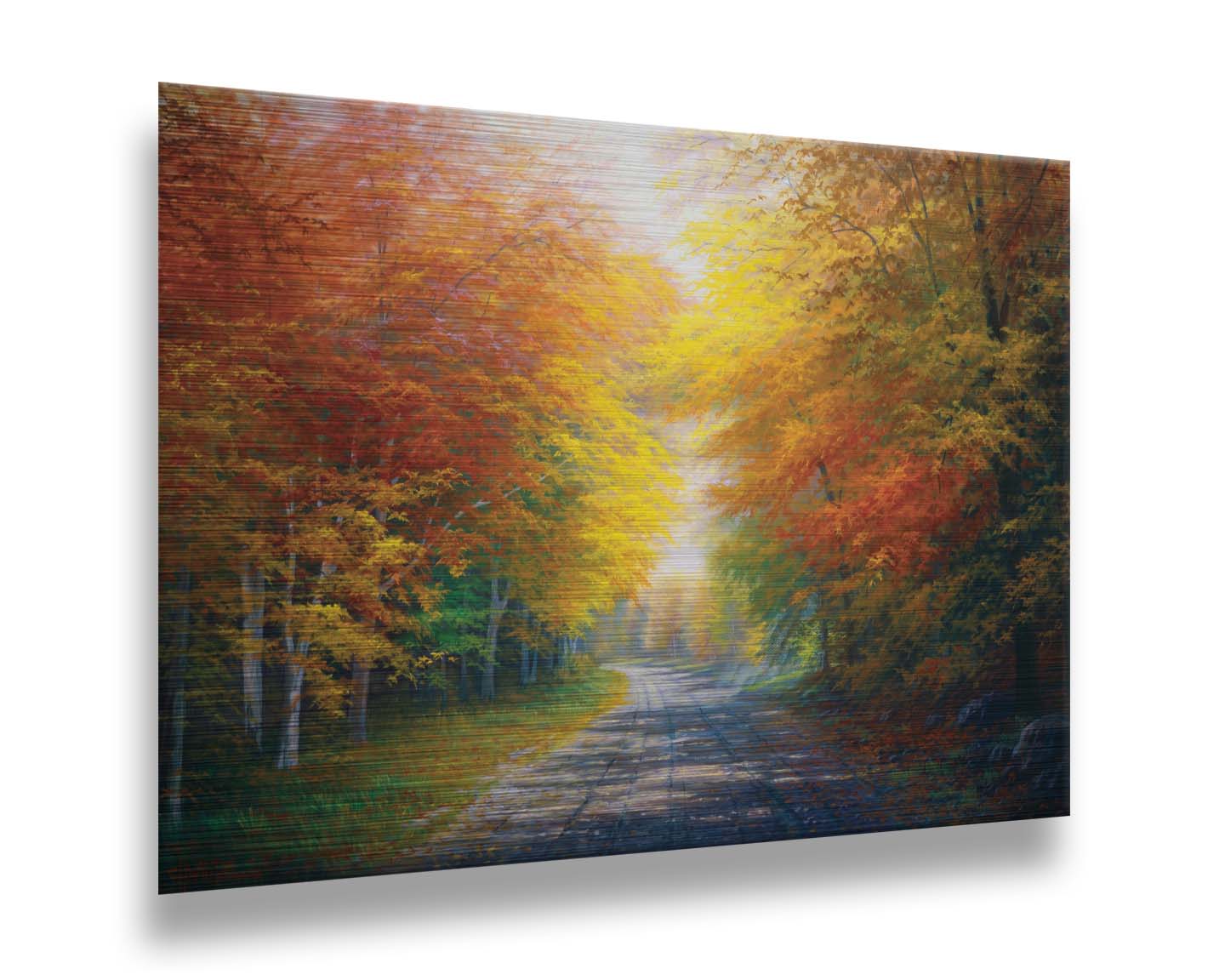 A painting of a fall landscape with vibrant red, orange, and yellow trees lining a gravel road. Printed on metal.