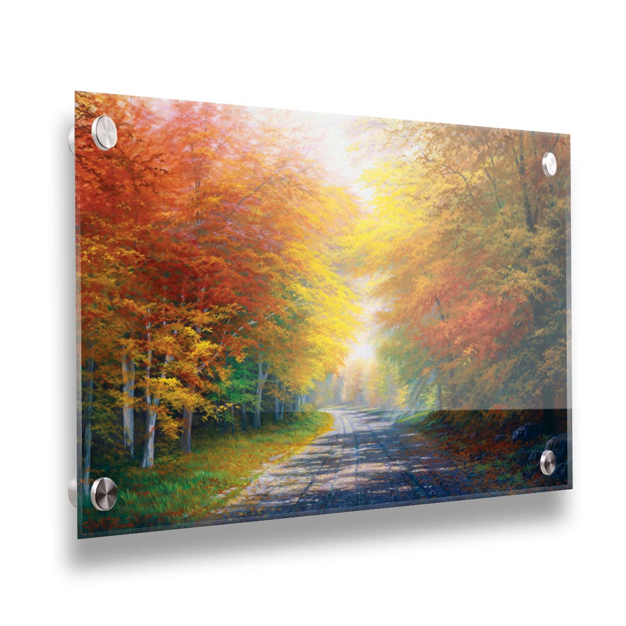 A painting of a fall landscape with vibrant red, orange, and yellow trees lining a gravel road. Printed on acrylic.