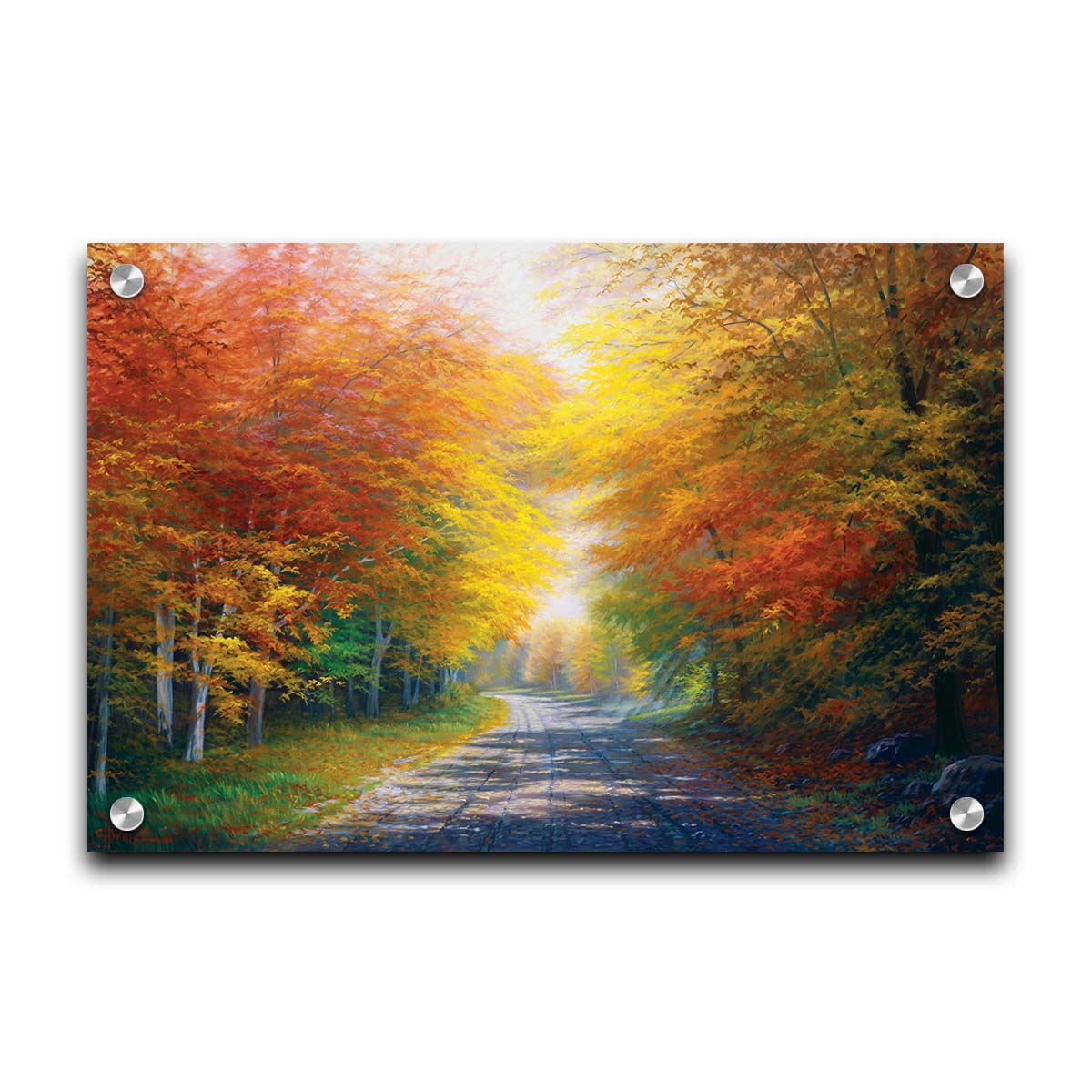 A painting of a fall landscape with vibrant red, orange, and yellow trees lining a gravel road. Printed on acrylic.