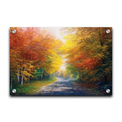 A painting of a fall landscape with vibrant red, orange, and yellow trees lining a gravel road. Printed on acrylic.