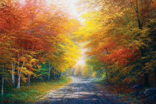 A painting of a fall landscape with vibrant red, orange, and yellow trees lining a gravel road. 