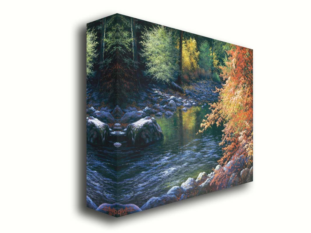 A painting of a fall river scene, following the flowing waters of the Merced River in Yosemite National Park. Printed on canvas.