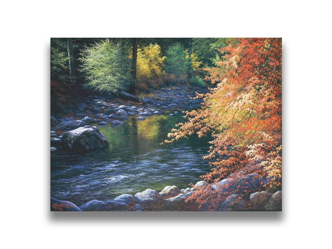 A painting of a fall river scene, following the flowing waters of the Merced River in Yosemite National Park. Printed on canvas.