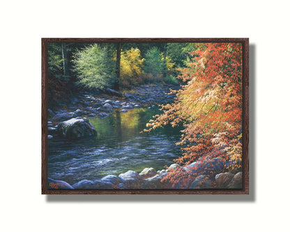 A painting of a fall river scene, following the flowing waters of the Merced River in Yosemite National Park. Printed on canvas in a float frame.