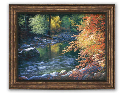 A painting of a fall river scene, following the flowing waters of the Merced River in Yosemite National Park. Printed on canvas and framed.