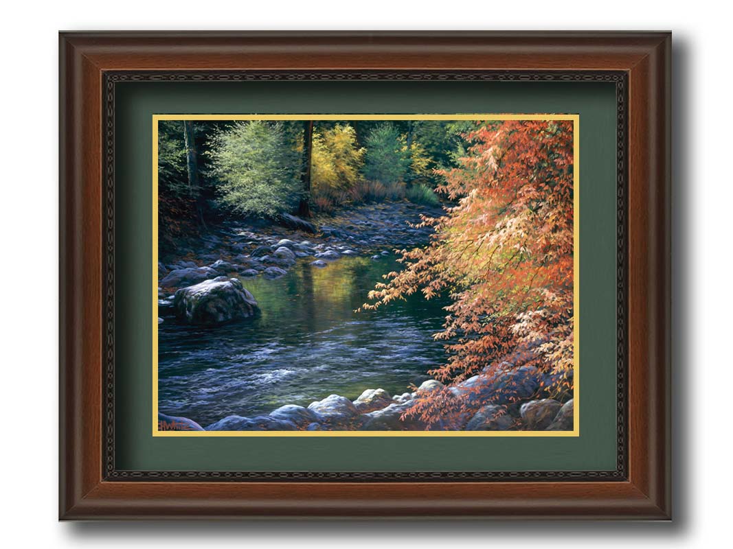 A painting of a fall river scene, following the flowing waters of the Merced River in Yosemite National Park. Printed on paper, matted, and framed.