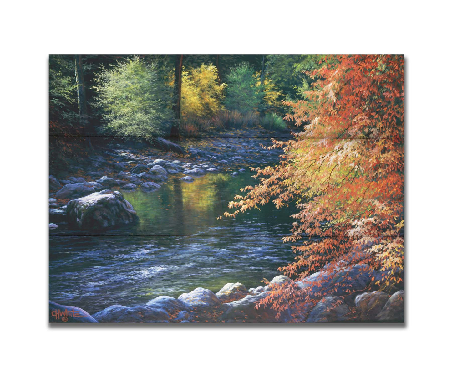 A painting of a fall river scene, following the flowing waters of the Merced River in Yosemite National Park. Printed on a box board.