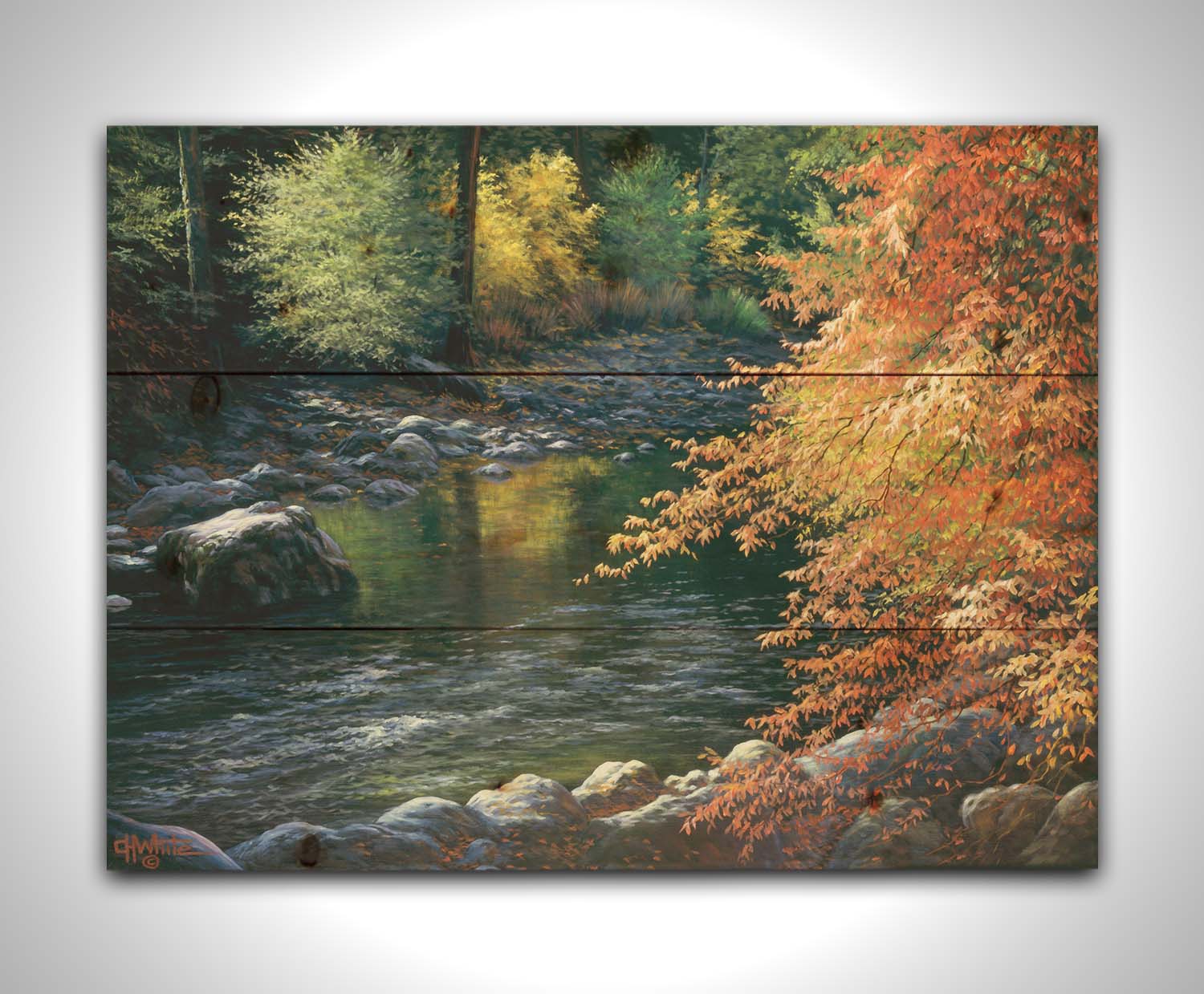 A painting of a fall river scene, following the flowing waters of the Merced River in Yosemite National Park. Printed on a wood pallet.