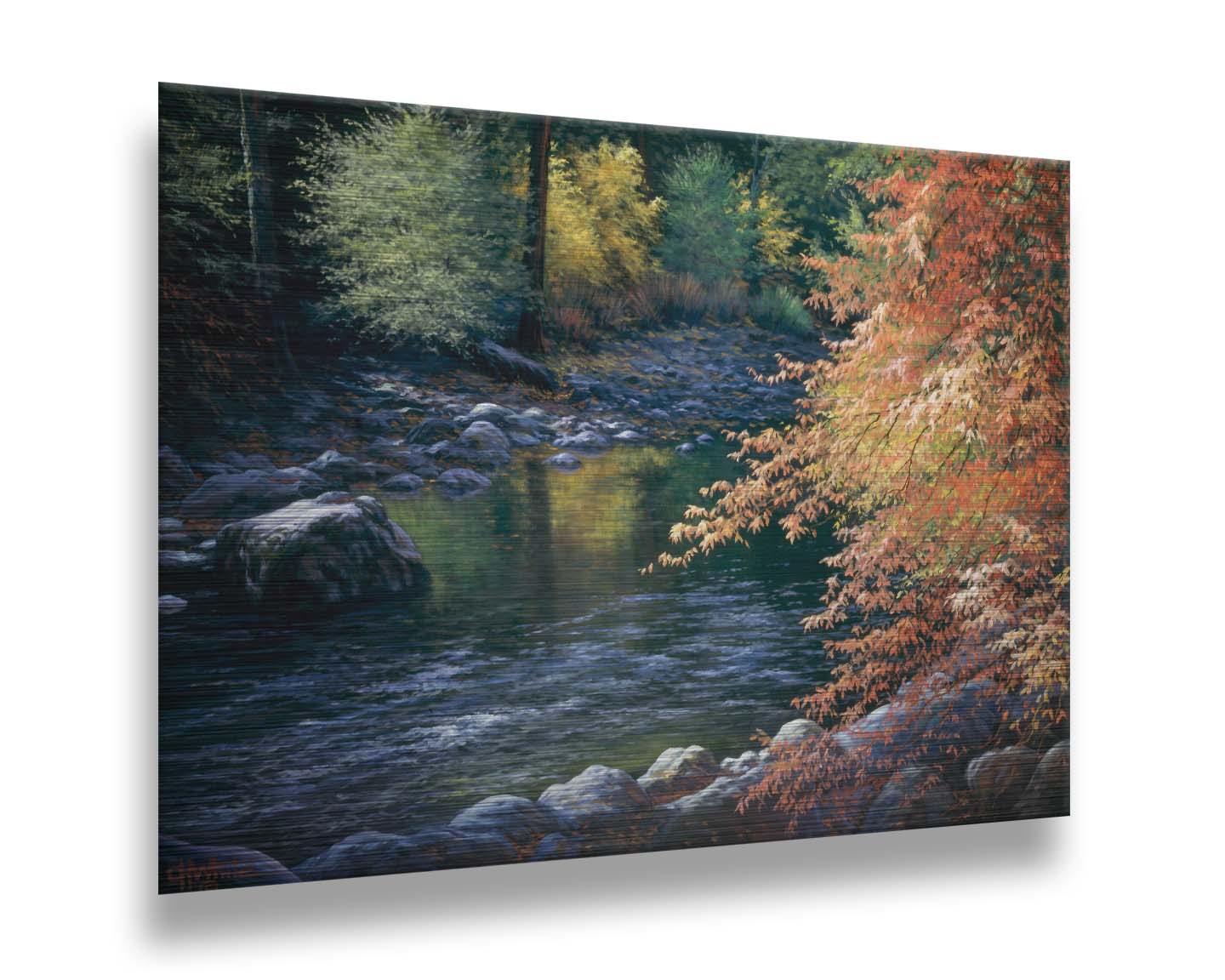 A painting of a fall river scene, following the flowing waters of the Merced River in Yosemite National Park. Printed on metal.