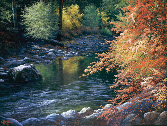 A painting of a fall river scene, following the flowing waters of the Merced River in Yosemite National Park. 