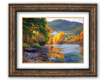 A landscape painting of the vibrant orange and yellow trees of the Rogue River in Oregon, with a few geese waddling in the shallows by the rocky shore. Printed on paper, matted, and framed.