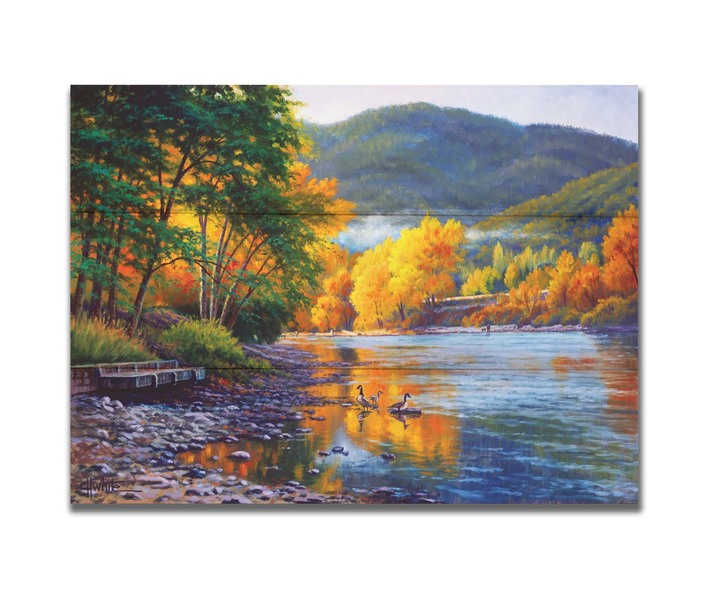 A landscape painting of the vibrant orange and yellow trees of the Rogue River in Oregon, with a few geese waddling in the shallows by the rocky shore. Printed on a box board.