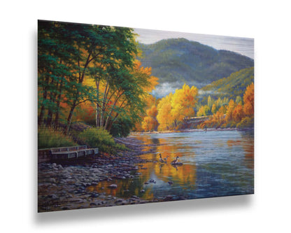 A landscape painting of the vibrant orange and yellow trees of the Rogue River in Oregon, with a few geese waddling in the shallows by the rocky shore. Printed on metal.