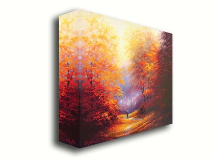 A painting of resplendent orange and red trees, a winding sidewalk through the woods, and a person walking their dog along the path. Printed on canvas.