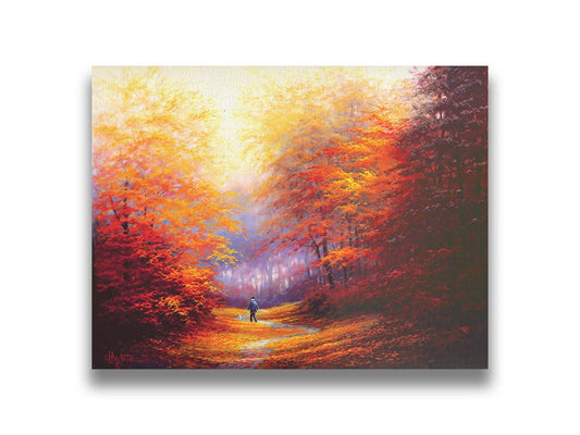 A painting of resplendent orange and red trees, a winding sidewalk through the woods, and a person walking their dog along the path. Printed on canvas.