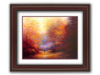 A painting of resplendent orange and red trees, a winding sidewalk through the woods, and a person walking their dog along the path. Printed on paper, matted, and framed.